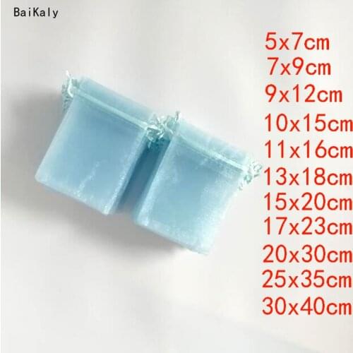 Household 100pcs Drawable Sky Blue Small Big Organza Bag Favor Wedding Party Christmas Gift Bags Jewelry Packaging Bags Pouches