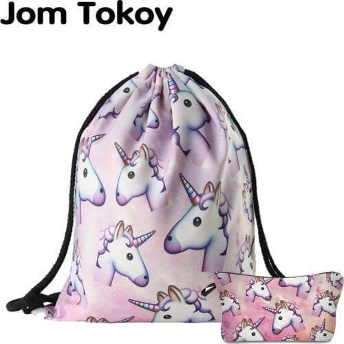Jom Tokoy New fashion 2 PCS 3D Printing Women backpack unicorn Drawstring bag Set Combination