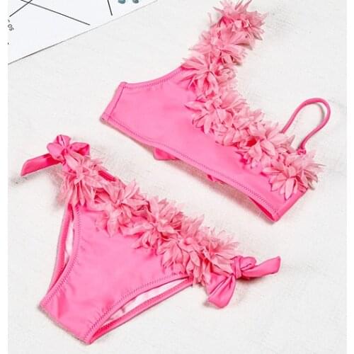 2021 New Childrens Swimsuit With Pink Lace For Girls Swimsuit Two Piece Childrens Bikini For 3-12years Fashion Lace TB024