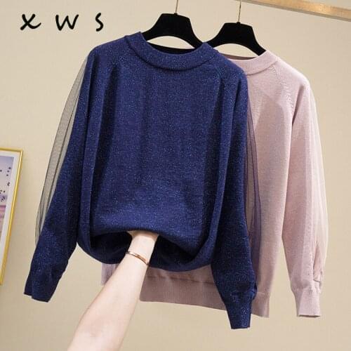Shiny lurex 2020 Women Pullover and Sweaters Winter Loose Style mesh Pull Jumpers Korean style Knitwear Casual Tops Femme