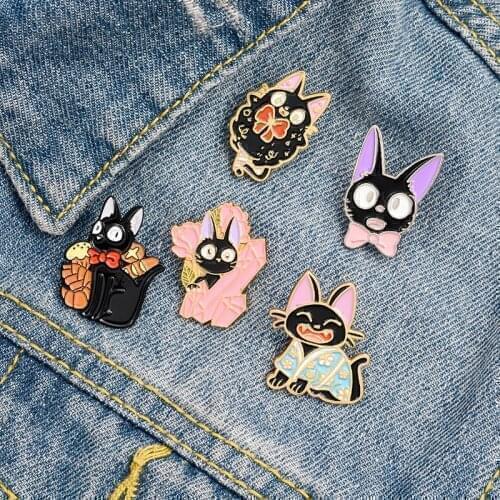 Black Cat JiJi Enamel Pins Cartoon Movie Brooches Custom Animal Badge for Bag Hat Clothes Lapel Pin Collar Jewelry Gift Kids