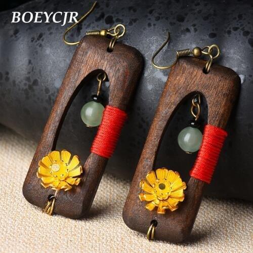BOEYCJR Ethnic Handmade Natural Stone Flower Wood Drop Earrings Vintage Jewelry Dangle Hook Earrings For Women Christmas Gift