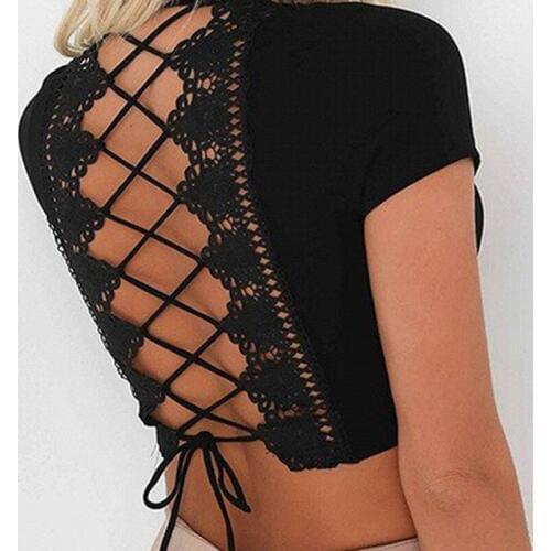 NORMOV Summer Women T Shirts Fashion Patchwork V Neck With Drawstring Backless Cotton Short Tops Sexy Feminina T Shirts