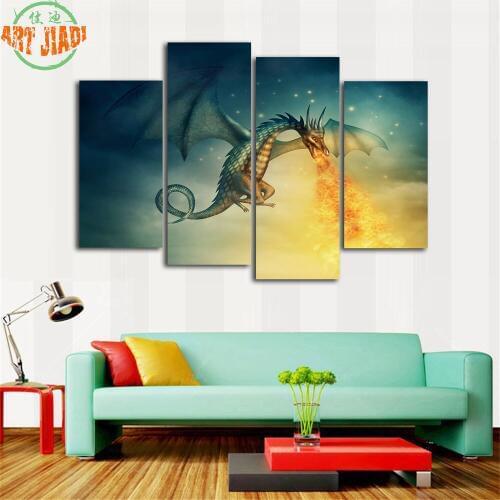 4 Piece or 5 Pieces Canvas Art Flying Fantasy Dragon At Night Canvas Painting Decorations For Home Wall Art Prints Canvas A895