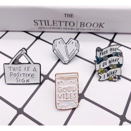 2019 Cartoon fashion GOOD VIBES enamel pins white heart shape button badges brooches bag shirt hat jewelry trinket for friends