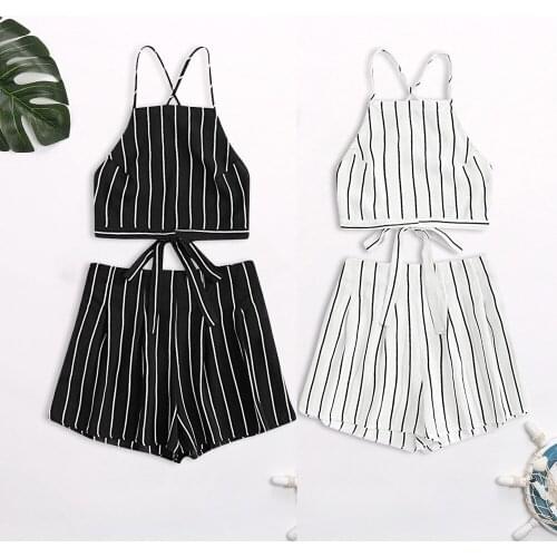 2 Pieces Sets 2021 Summer Women Sexy Halter Sleeveless Shirts Striped Print Female Crop Tops & Shorts sets костюм женский летний
