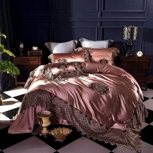 New luxury Golden 120S Egyptian cotton Embroidery Bedding set Queen King Noble Lace Duvet cover Bed sheet set Pillowcase 4/6pcs