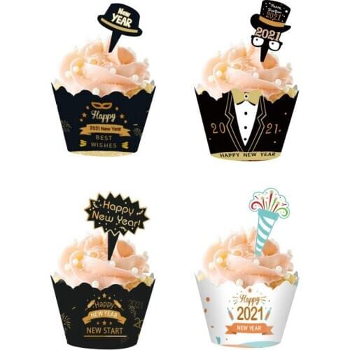 Suit Celebrate Letter 2021 New Year 12pcs Wrapper +12pcs Toppers for Merry Christmas Party Kids Favor Cupcakes Decoration