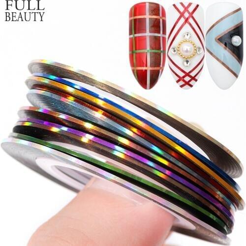 10 Rolls Mixed Rainbow Nail Tape Line Glitter DIY Adhesive Glue Nail Art Sticker Foils Beauty Manicure Strip Liner Set CH815