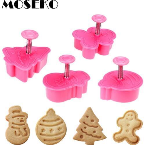 MOSEKO 4PCS/LOT Christmas Theme Cookie Stamp Biscuit Mold Cookie Cutter Fondant Cake Tools Cake Decorating DIY Molds