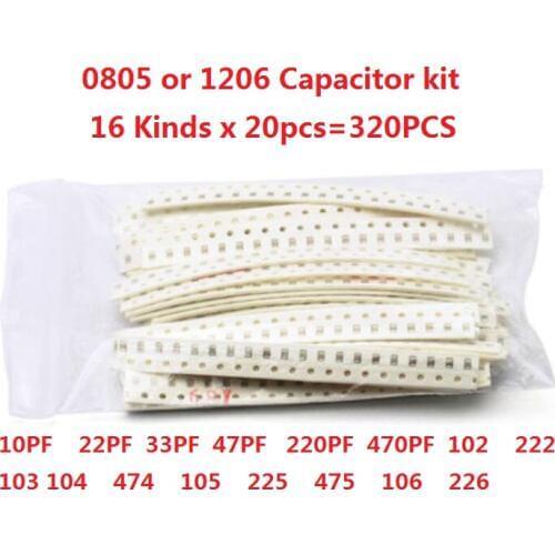 0805 1206 SMD Ceramic capacitor kit 10PF to 22UF 16values*20pcs=320pcs 102 222 103 104 474 105 225 475 106 22/33/47/220/470PF