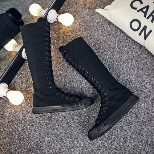 New Fashion Canvas Lace Up Zipper Boots Children Cheerleading Dance Knee High Boots Children Casual Shoes Punk Girl