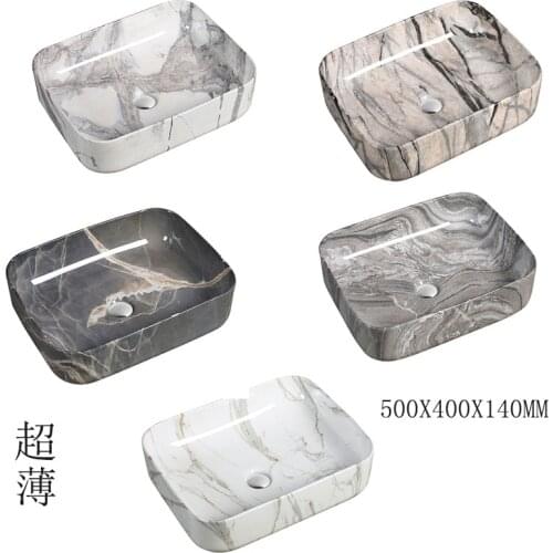 Above counter basin Rectangular bathroom washbasin, marble pattern washbasin, water diversion color flower art basin hotel