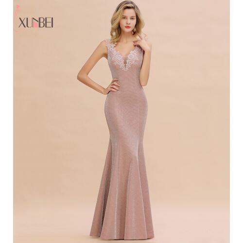 Robe De Soiree New Glitter Fabric Long Evening Dresses V-Neck Zipper Gown Formal Dresses Real Photos Vestidos Elegantes