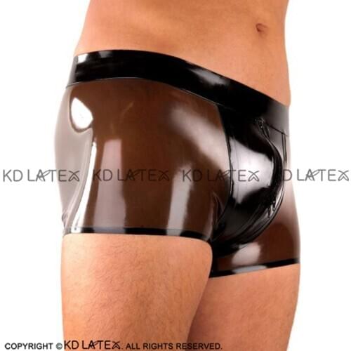 Sexy Latex Boxer Shorts With Zipper Black Trims At Front Stripes Top Bottoms Underwear Rubber BoyShorts DK-0157
