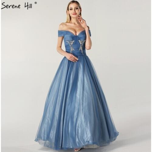 Blue Off Shoulder Sexy Ball Gowns Prom Dresses 2020 Tulle Beading Crystal Sleeveless Prom Gowns Serene Hill BLA6678