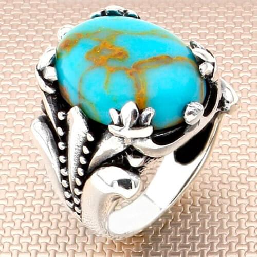Turkish Jewelry Natural Turquoise Stone Real Pure 925 Sterling Silver Ring For Men Patterned Handmade