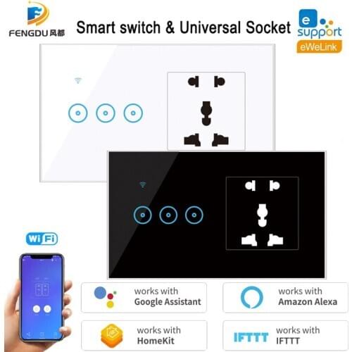 Universal Socket EU US UK AU WiFi Smart Switch Wall Touch LED Light Switch 1 2 3 Gang 90V-240V Work with Google Home Alexa