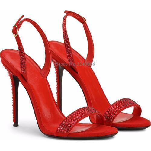 Red Black Suede Crystal Sandals Single Strap Bling Bling Rhinestone Stiletto Heel Sandals Back Strap Thin High Heel Sandals