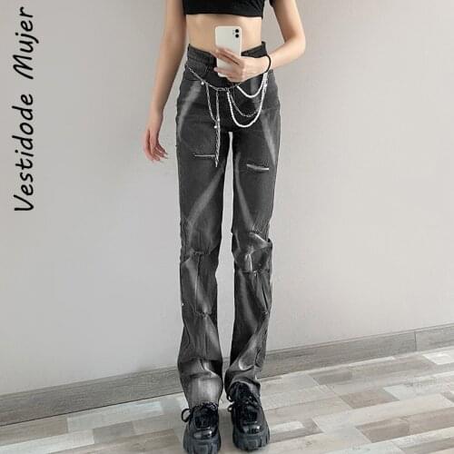 Fashion Holes High Waist Jeans Female 90s Vintage Print Straight Casual Y2K Streetwear Trousers Joggers Women Autumn Denim Pants