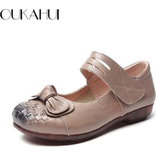 OUKAHUI 2020 Spring Genuine Leather Retro Vintage Flat Shoes Woman Bowknot Hook And Loop Handmade Leather Soft Shoes For Women