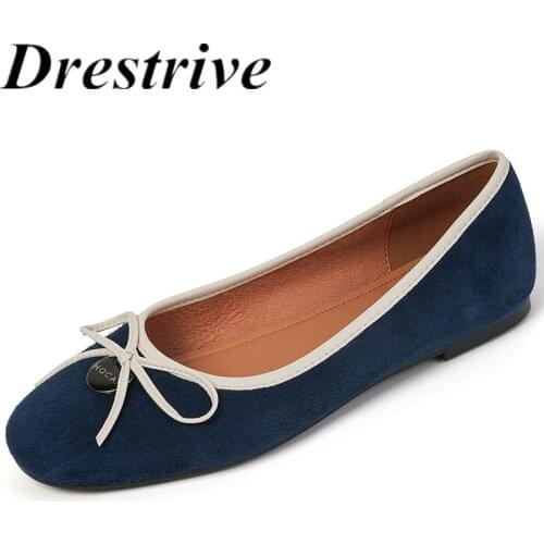 Drestrive Cow Leather Square Toe Butterfly Knot Flats Shallow Dark Blue Women Pumps Low Heels Fuax Suede 2021 Summer Casual Shoe