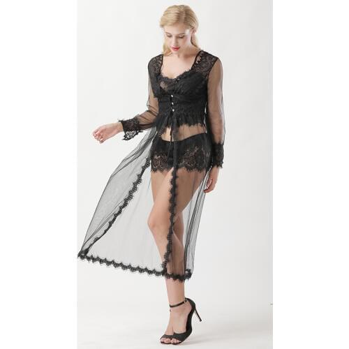 CORZZET Womens Black See Through 3 Pieces Long Sleeves Lace Robes Bathrobe For Girls Sleepwear Lingerie Exotic Sets