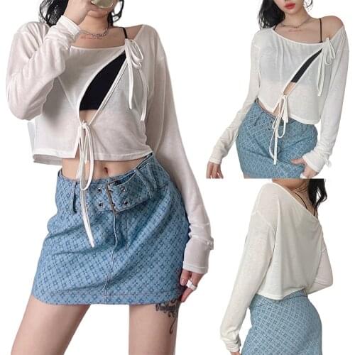 Womens temperament solid color lace up thin loose round neck long sleeve top, casual fashion lace up navel exposed hollow top