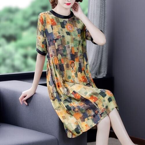 Summer Vintage Casual Mulberry Silk Midi Dress 2021 Print 4XL Plus Size Boho Beach Sundress Elegant Women Bodycon Party Vestidos