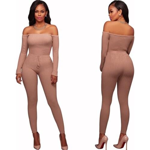 2017 New Women Elegant Winter Jumpsuits Knitted Ribbed Long Sleeve Off Shoulder Casual Rompers Sexy Club Wear Bodycon Jumpsuit