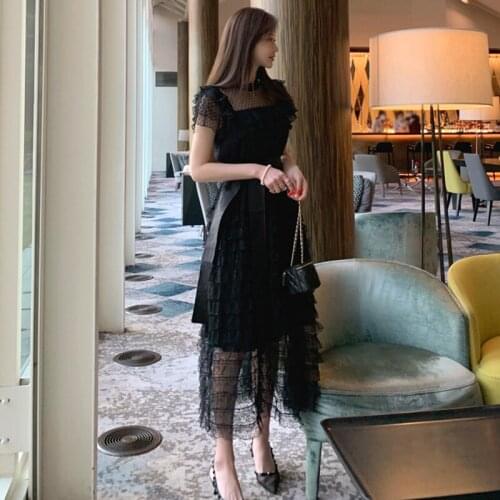 2021 Summer New High Quality Luxury Runway black mesh Lace Dress Women Short Sleeve Lace-Up Party Vestidos