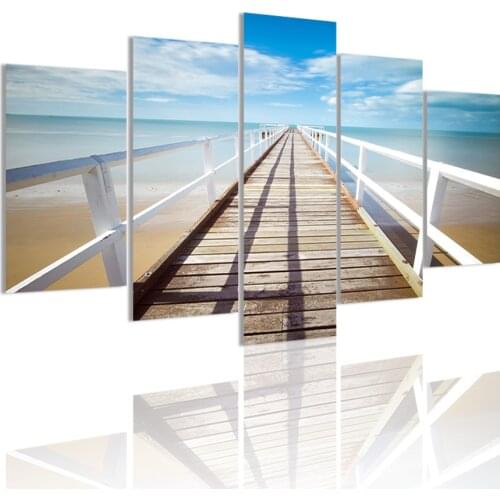 Boardwalk Pier Sea 5 Panels DIY Wood Frame Canvas Painting Posters Wall Art Print Picture Living Room Home Decoration