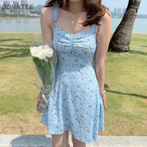 Floral Dresses Womens Korean Sweet Elasticity Waist Spaghetti Straps Slim Sexy All-match Stylish Fashion Chic Students Female