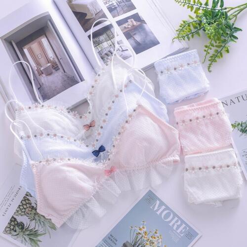 Daisy Princess Bralette Womens Japanese Bra & Panties Set Wirefree Soft Underwear Sleep Intimates Set Lolita