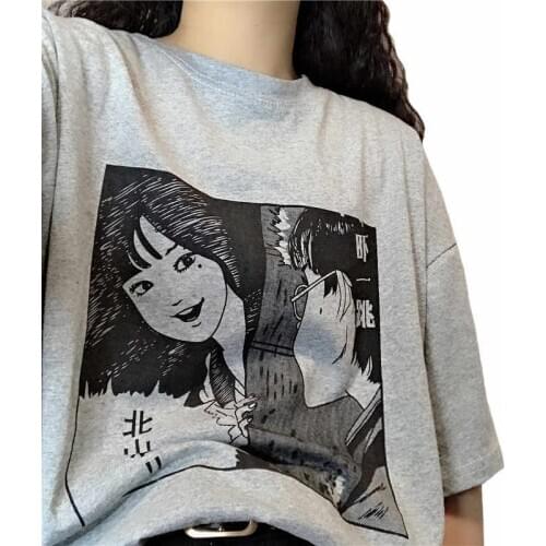 Retro Japan Fujiang Horror Comics cartoon anime print casual Tops tees Summer Harajuku casual short-sleeve O-neck women T-shirt