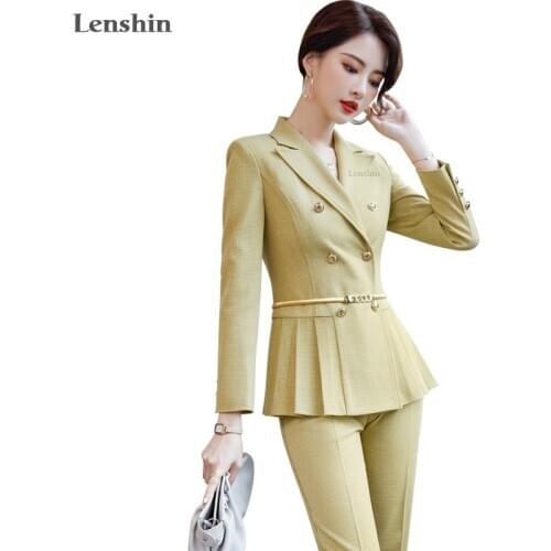 Lenshin High-quality Ruffled 2 Piece Plaid Suit Set for Women Business Office Lady Work Wear Formal Business Pink Pant Suits