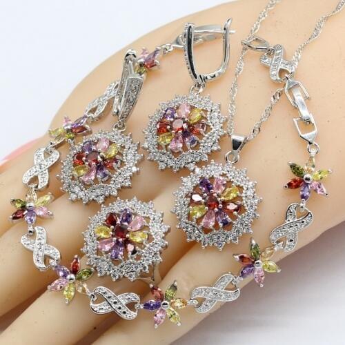 Silver Color Jewelry Sets Women Multi Color Semi-precious Necklace Pendant Bracelets Earrings Rings Christmas Gift