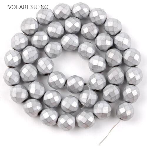 Natural Dull Polished Faceted Silver Plated Hematite Stone Round Beads For Jewelry Making 4-10mm Spacer Beads Diy Bracelet 15