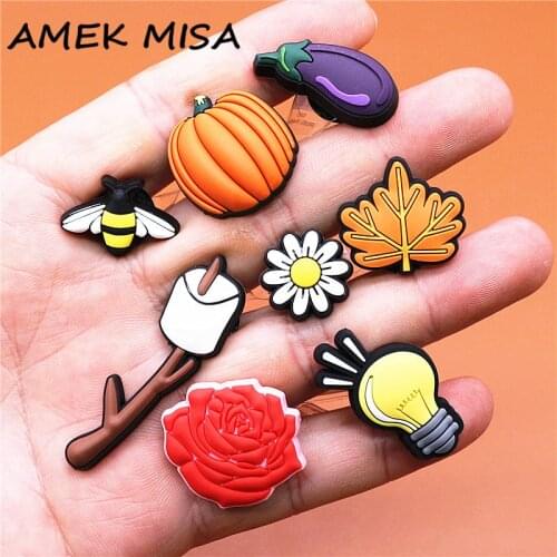 Novel Cute PVC Shoe Charms Accessories Eggplant Daisy Bee Flower Shoes Buckle Decorations fit Croc JIBZ Kids X-mas Party Gifts