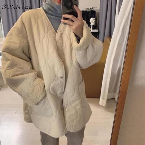Parkas Womens Solid Oversize Pocket Warm Winter Loose Single Breasted Retro All-match Casual Chic Ulzzang Female Soft Fashion