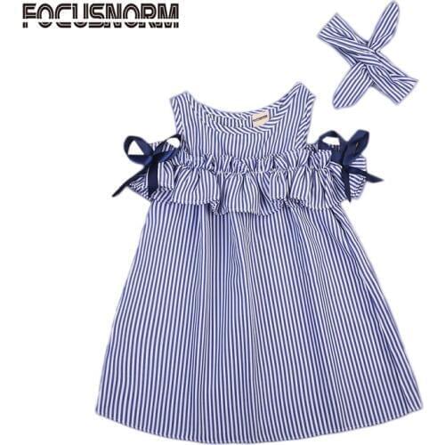 Fashion Sweet Lovely Summer Dress Toddler Baby Girls Off Shoulder O-Neck Bow Blue Striped Straight Mini Dress Outfit Party