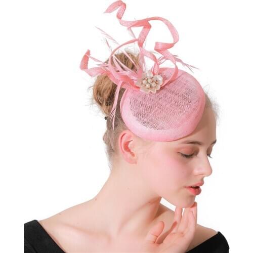Women Formal Dress Wedding Pink Fascinator Hats Hair Clip Bridal Headwear Headband Show Race Hair Accessories With Fancy Feather