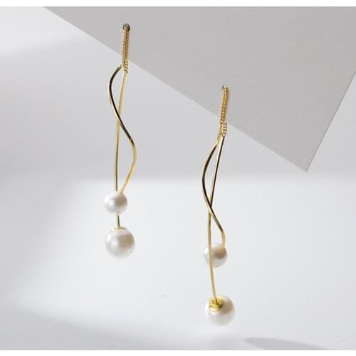 S925 Sterling Silver Color Korean Fashion Elegant Long Wavy Earline Synthetic Pearl Dangle Earrings for Women Lady Girls Jewelry