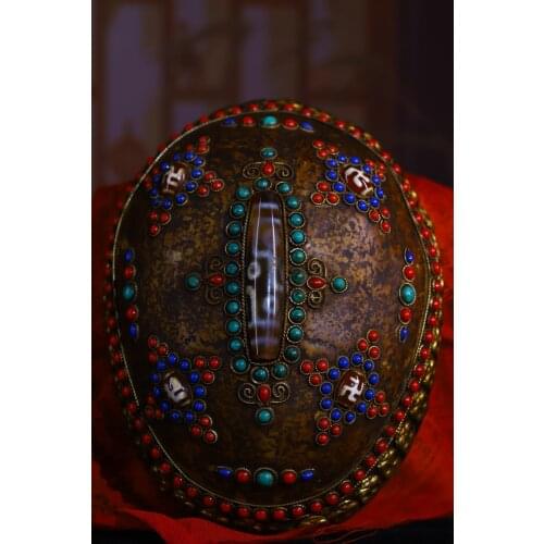 8"Tibet temple Old Tibetan silver mosaic gem Dzi Gabala Bowl skull head tantrick Kapala Bowl Cup Town House Exorcism