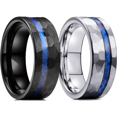 Unique Multi-Faceted Hammered Tungsten Carbide Ring For Men Blue Dyed Wood Inlay Silvery Black Brushed Ring Men Wedding Band