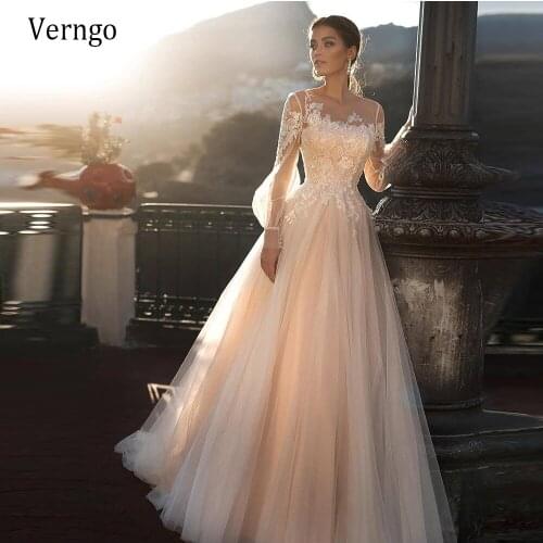 Verngo Modest Light Champagne Tulle A Line Prom Dresses Long Sleeves Lace Applique Sheer O Neck Floor Length 2021 Bride Gowns