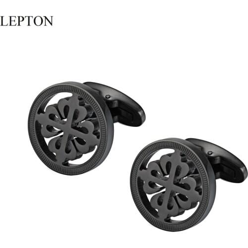 Lepton Mens Black Gun Color Crusaders Cufflink Stainless Steel Round Cufflinks for Men Wedding Groom Business Cuffl Lnks Gemelos