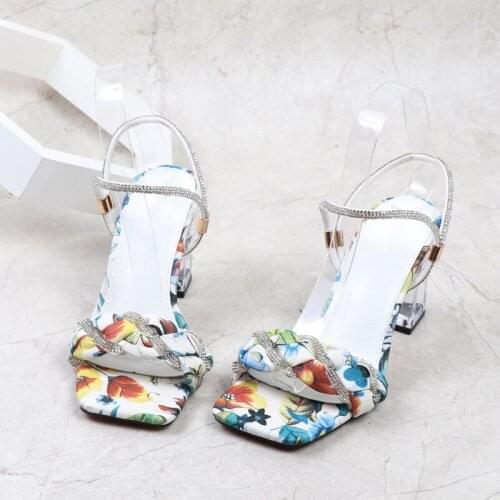 Womens Sandals Square Toe Crystal Floral Block Heels Plus Size Female Summer Shoes Fashion Mature Leisure Ladies Footwear