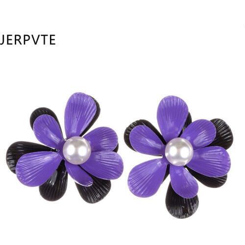 JERPVTE 4 Color Flowers Simulated Pearl Earring for Women Rhinestone Enamel Multicolored Flower Earrings Fashion Jewelry Gift