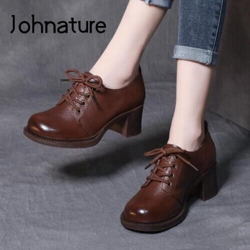 Johnature Retro Pumps Women Shoes Genuine Leather 2021 New Spring/Autumn Lace-Up Round Toe Handmade Concise Leisure Ladies Shoes